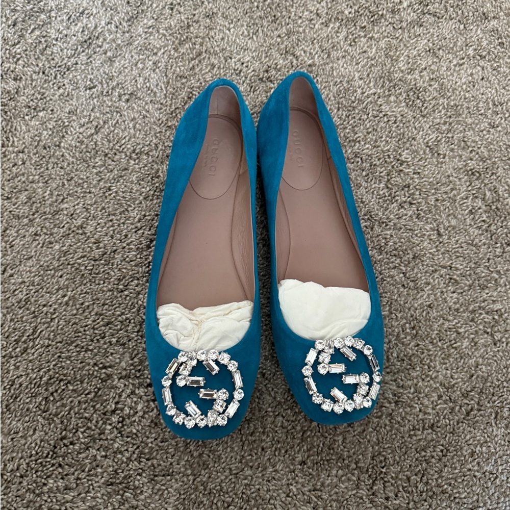 Gucci Blue Suede Flats with Embellishments
